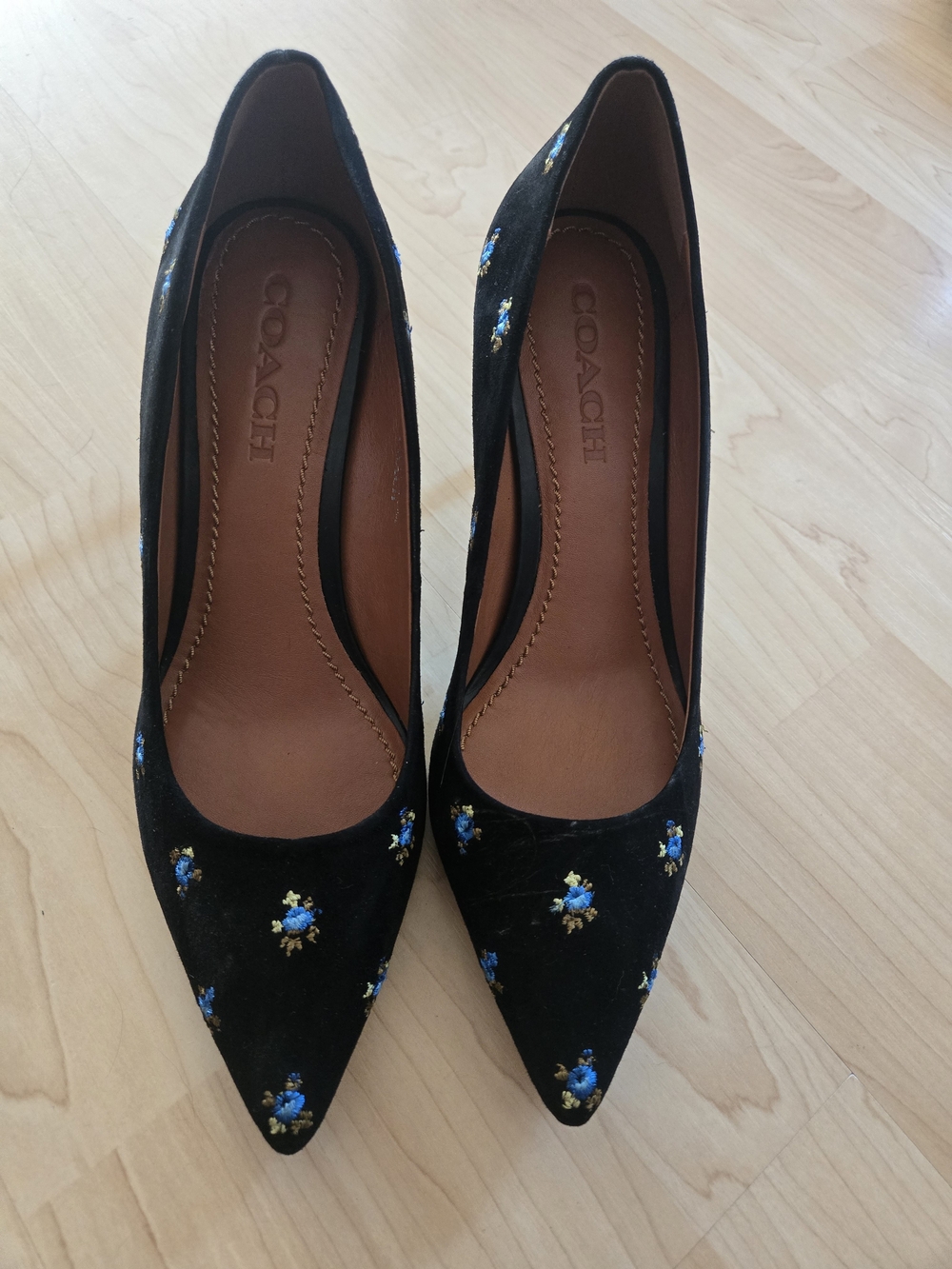 COACH Women's Black Suede Pointed Toe Pumps with Blue Embroidery
